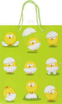 Zielona torba prezentowa z motywem wesołych kurczaczków wykluwających się z jajek, z jasnozielonymi uchwytami.