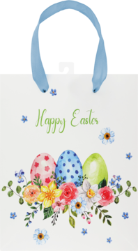 Biała torba prezentowa wielkanocna z niebieskim uchwytem, dekorowana jajkami, kwiatami i napisem Happy Easter.