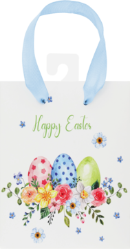 Biała torba prezentowa na Wielkanoc z napisem Happy Easter, trzema jajkami, kolorowymi kwiatami i niebieską wstążką.