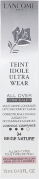 Lancôme Teint Idole Ultra Wear korektor 04 Beige Nature, białe opakowanie, przód, do cery wrażliwej.