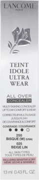 Opakowanie korektora Lancôme Teint Idole Ultra Wear w odcieniu Beige Lin, 13ml. Szare z czarnym napisem, widok z przodu.