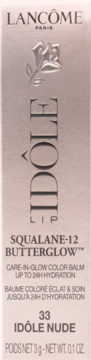 Lancôme Idôle Lip Squalane-12 Butterglow 33 Idôle Nude, jasnoróżowe opakowanie z logo róży i pionowym napisem.