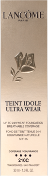 Złoty kartonik podkładu Lancôme Teint Idole Ultra Wear 210C, trwały, z wytłoczonym logo róży, widok frontalny.