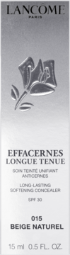 Lancôme Effacernes Longue Tenue korektor 015 Beige Naturel, srebrne pionowe opakowanie z kwiatowym wzorem.