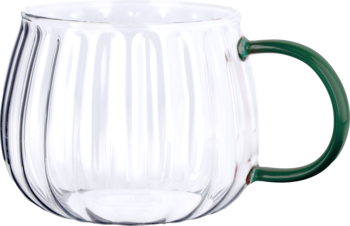 Szklanka Tulip Vialli Design z ryflowanego, przezroczystego szkła z ciemnozielonym uchem, widok z boku.