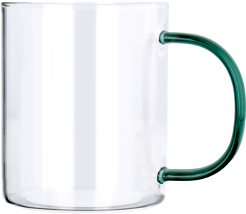 Szklanka Diva Vialli Design 350 ml, przezroczyste szkło borokrzemowe, z zielonym, ergonomicznym uchem, widok z przodu.