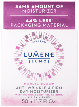 Biały kartonik Lumene Nordic Bloom Anti-Wrinkle & Firm Day Moisturizer 50ml, 44% mniej opakowania.