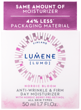 Biały kartonik Lumene Nordic Bloom Anti-Wrinkle & Firm Day Moisturizer 50ml, 44% mniej opakowania.