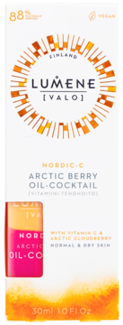 Opakowanie Lumene Nordic-C Arctic Berry Oil-Cocktail 30ml. Białe pudełko z pomarańczowymi akcentami, widoczny olejek dwufazowy.