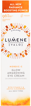 Lumene Nordic-C Glow Awakening Eye Cream, biało-pomarańczowe opakowanie, witamina C i malina moroszka.