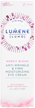 Lumene Nordic Bloom przeciwzmarszczkowo-ujędrniający krem pod oczy, białe opakowanie z różowym wzorem, front.