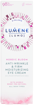 Lumene Nordic Bloom przeciwzmarszczkowo-ujędrniający krem pod oczy, białe opakowanie z różowym wzorem, front.
