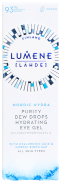 Lumene Nordic Hydra Hydrating Eye Gel w białym kartoniku z niebieskimi akcentami. 93% naturalny, wegański, widok z przodu.