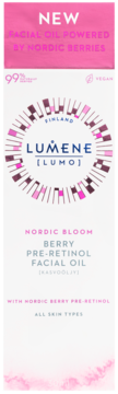 Lumene Nordic Bloom Berry Pre-Retinol Facial Oil, białe opakowanie z różowym nagłówkiem 'NEW', z nordyckimi jagodami.