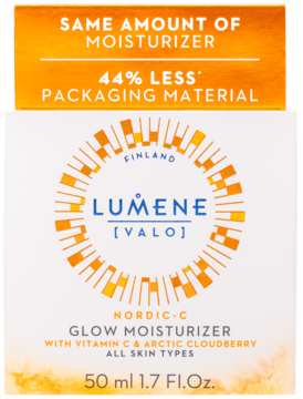 Lumene Nordic-C Glow Moisturizer, front opakowania: białe z pomarańczowym słońcem, 44% mniej opakowania.