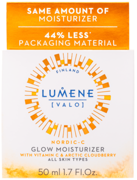 Lumene Nordic-C Glow Moisturizer, front opakowania: białe z pomarańczowym słońcem, 44% mniej opakowania.
