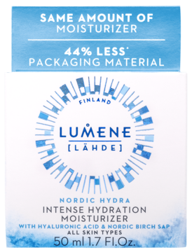 Krem Lumene Nordic Hydra Intense Hydration 50ml, biało-niebieski kartonik, z informacją: 44% mniej opakowania.