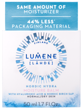 Lumene Nordic Hydra Moisture Balm 50ml, frontowe ujęcie białego opakowania z niebieskimi napisami o 44% mniej materiału.