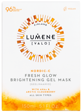 Białe pudełko Lumene Nordic-C Fresh Glow rozświetlającej maski żelowej, z AHA, maliną moroszką, widok z przodu.