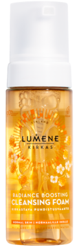 Rozświetlająca pianka Lumene Kirkas Radiance Boosting do cery normalnej, pomarańczowa butelka z pompką, widok z przodu.