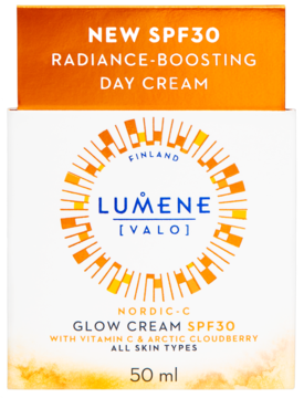 Lumene Nordic-C Glow Cream SPF30, 50ml, rozświetlający krem na dzień w białym pudełku z pomarańczową górą i logo, widok z przodu.