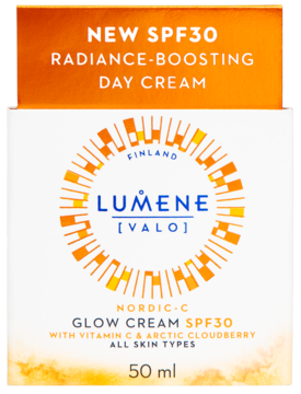 Lumene Nordic-C Glow Cream SPF30, 50ml, rozświetlający krem na dzień w białym pudełku z pomarańczową górą i logo, widok z przodu.