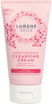 Różowa tubka Lumene Hellä Moisturizing Cleansing Cream dla suchej skóry z nordycką wodą z borówki, widok z przodu.