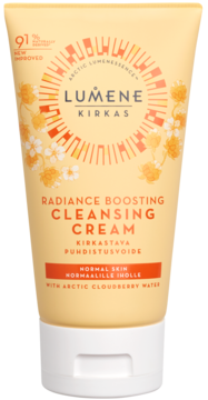 Żółta tubka Lumene Kirkas Radiance Boosting Cleansing Cream, z motywem słońca i malin, widok z przodu.