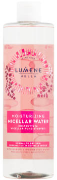 Butelka Lumene Hellä Moisturizing Micellar Water, różowa, z białą nakrętką, widok z przodu, dla skóry normalnej/suchej.