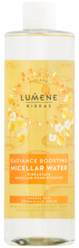 Biała butelka Lumene Kirkas Radiance Boosting Micellar Water dla cery normalnej, z żółto-pomarańczową etykietą i kwiatowym wzorem, widok z przodu.