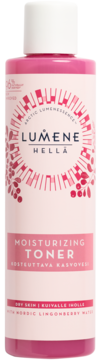 Lumene Hellä nawilżający tonik, różowa butelka z białym korkiem, z nordycką wodą z borówki, do cery suchej.