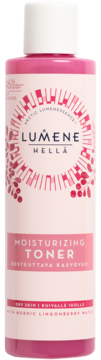 Lumene Hellä nawilżający tonik, różowa butelka z białym korkiem, z nordycką wodą z borówki, do cery suchej.