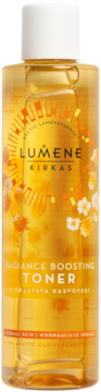 Lumene Kirkas Radiance Boosting Toner w przezroczystej butelce z żółtym płynem, widok z przodu.