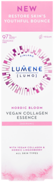 Lumene Nordic Bloom Vegan Collagen Essence, białe opakowanie z różową grafiką, z wegańskim kolagenem, bezzapachowa, widok z przodu.