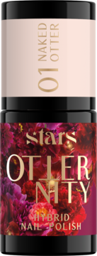 Front view of a Stars Otternity hybrid nail polish bottle, shade 01 Naked Otter, with dark floral design.