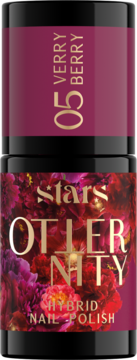 Lakier hybrydowy Stars Otternity 05 Verry Berry w czarnej butelce, etykieta z bordową górą i kwiecistym dołem, złoty tekst.