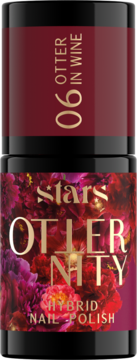 Lakier hybrydowy Stars Otternity 06 Otter In Wine. Butelka z burgundowym korkiem, kwiatowym wzorem i złotym tekstem.
