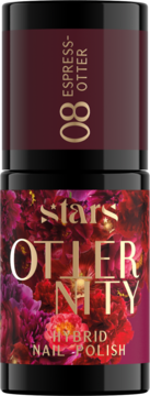 Lakier hybrydowy Stars Otternity nr 08, Espress-Otter. Butelka z kwiatowym wzorem w odcieniach bordo, widok z przodu.