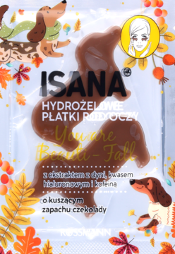 Opakowanie Isana Hydrożelowych płatków pod oczy, w kształcie brązowego jamnika, z kwasem hialuronowym.