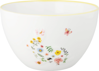 Biała porcelanowa miska z żółtą obwódką, zdobiona kolorowym wzorem zająca z kwiatów, widok z przodu.