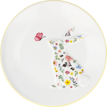 Biały talerz deserowy z wzorem zająca z kolorowych kwiatów i motylem, złota krawędź, widok z góry.