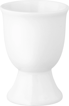 Biały ceramiczny kieliszek do jajek, klasyczny kształt z szeroką stopką, błyszczące wykończenie, widok z przodu.