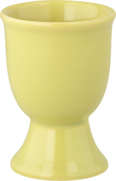 Pastelowy, jasnożółty ceramiczny kieliszek na jajko z nóżką, klasyczny design, widok z przodu.
