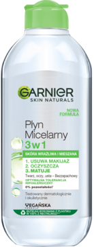 Garnier Płyn Micelarny 3w1 do skóry wrażłiwej, przezroczysta butelka z zieloną nakrętką, widok z przodu.
