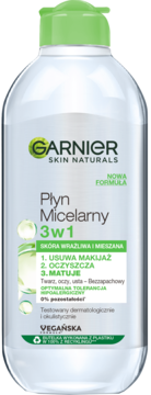 Garnier Płyn Micelarny 3w1 do skóry wrażłiwej, przezroczysta butelka z zieloną nakrętką, widok z przodu.