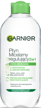 Garnier Płyn Micelarny 2w1 do cery mieszanej, przeźroczysta butelka z zieloną nakrętką, widok z przodu.