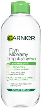 Garnier Płyn Micelarny 2w1 do cery mieszanej, przezroczysta butelka z zieloną nakrętką, widok z przodu.