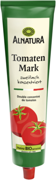 Alnatura Tomaten Mark, zielona tuba z dwoma czerwonymi pomidorami i napisem "Double concentré de tomates".