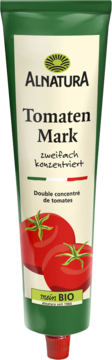 Zielona tubka Alnatura Tomaten Mark, podwójnie skoncentrowana pasta pomidorowa bio, widok z przodu.