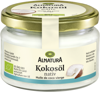 ALNATURA Kokosöl nativ w szklanym słoiku ze złotą zakrętką, biały olej kokosowy, widok z przodu.